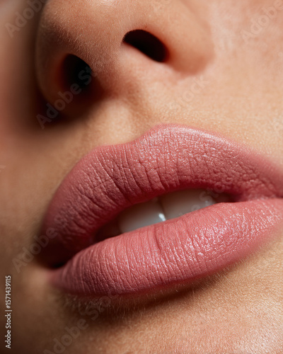 Soft rosy beige tone matte lips create stunning close up, showcasing smooth texture and natural beauty. subtle shine enhances overall look, evoking sense of elegance and allure