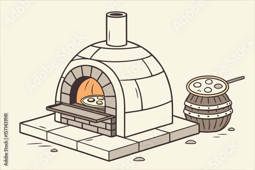 A cartoon illustration of a pizza oven with a pizza inside and a pizza on a barrel nearby that is ready