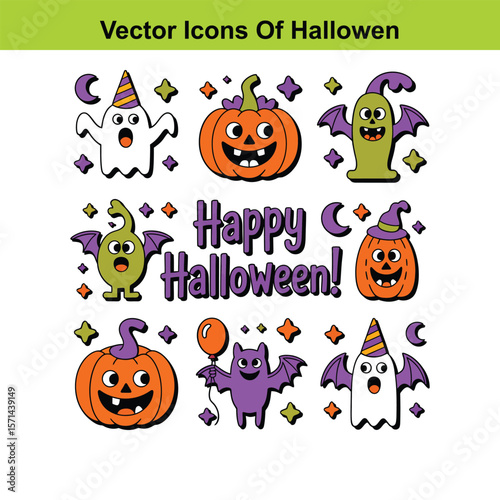 Cute halloween vector  icons featuring ghosts pumpkins bats and festive decorations