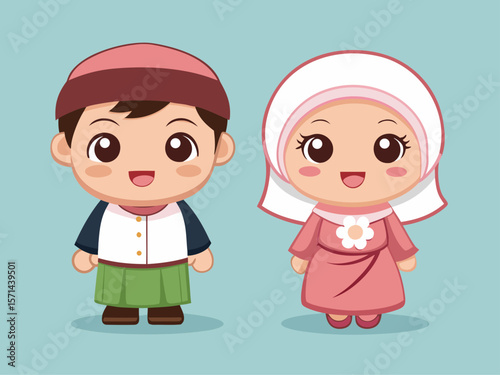 Adorable Muslim Boy and Girl Cartoon Characters in Traditional Clothing