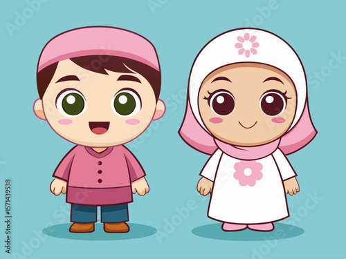 Adorable Muslim Boy and Girl Cartoon Characters in Traditional Clothing