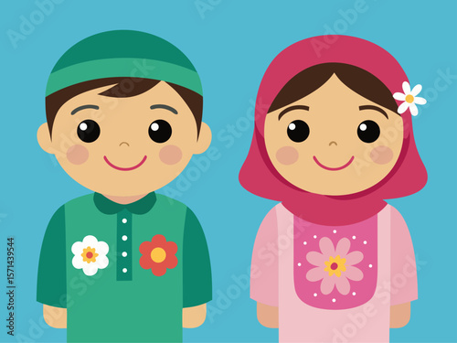 Adorable Muslim Boy and Girl in Traditional Clothing