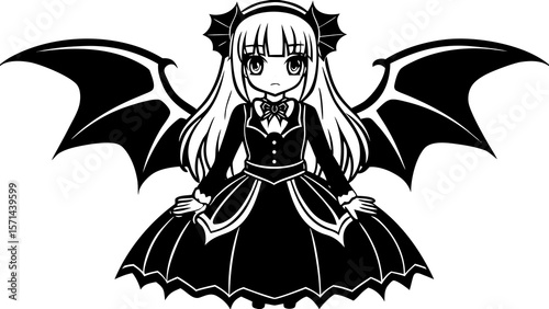 Gothic Lolita Anime Girl with Bat Wings Illustration
