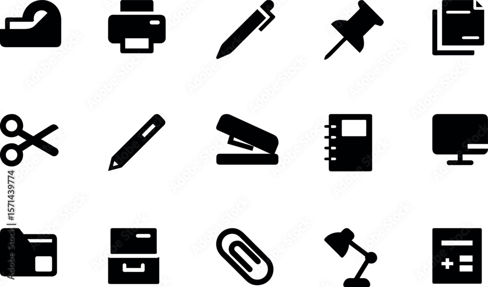Office Equipment & Stationery Silhouette Icon Bundle – Desktop Computer, Printer, Stapler, Pencil, Pen, Paperclip, Document Stack, Folder, Desk Lamp, Calculator, Tape Dispenser, Notebook, Scissors, Pu Office Equipment & Stationery Silhouette Icon Bundle – Desktop Computer, Printer, Stapler, Pencil, Pen, Paperclip, Document Stack, Folder, Desk Lamp, Calculator, Tape Dispenser, Notebook, Scissors, Pu