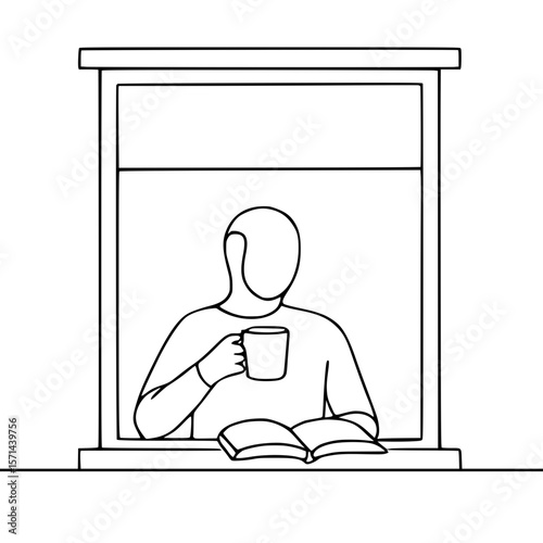 Minimalist Line Art Illustration Person Reading and Drinking by a Window
