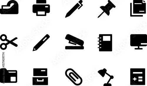 Office Equipment & Stationery Silhouette Icon Bundle – Desktop Computer, Printer, Stapler, Pencil, Pen, Paperclip, Document Stack, Folder, Desk Lamp, Calculator, Tape Dispenser, Notebook, Scissors, Pu