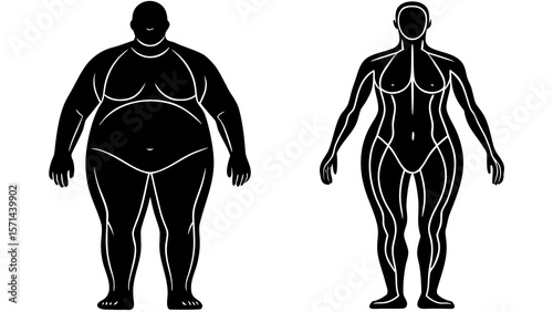 Male and Female Obese Body Shapes Black Silhouettes