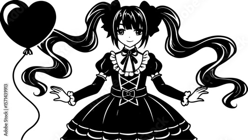 Anime Girl in Lolita Dress with Heart Balloon Illustration