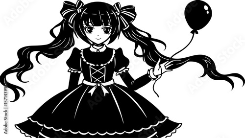 Anime Girl in Lolita Dress with Balloon Black and White Illustration
