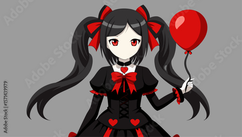 Anime Girl with Long Black Hair in Gothic Lolita Dress Holding Red Balloon