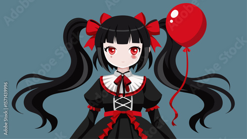 Anime Girl with Long Black Hair Red Bow and Balloon
