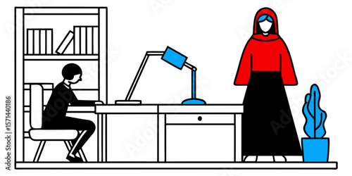 Person working at desk with a woman in a red hooded cloak standing nearby