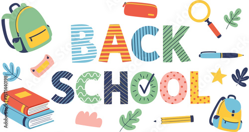 A playful back to school illustration with backpacks and school supplies art