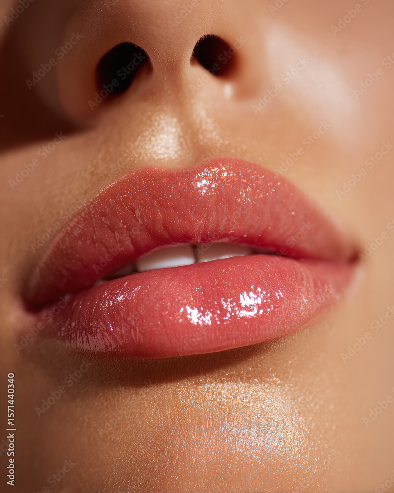 Obraz premium Glossy female lips with radiant shine, showcasing hydration and beauty. lip gloss reflects light, enhancing natural allure and softness of lips