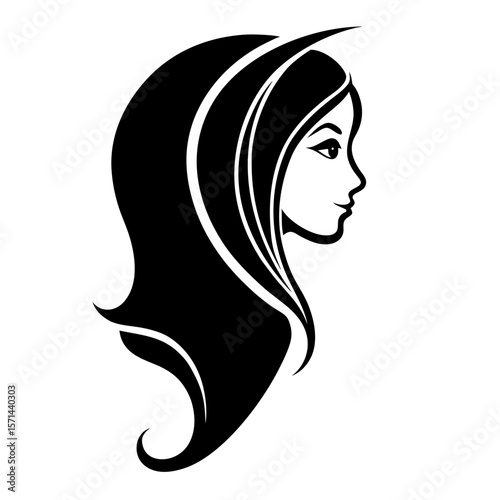 Elegant Black and White Profile of a Woman with Long Flowing Hair