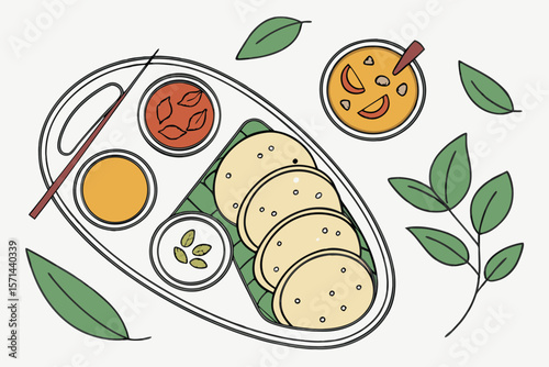 Illustration of a thali with roti, curry, chutneys, and leaves arranged on a white background scene