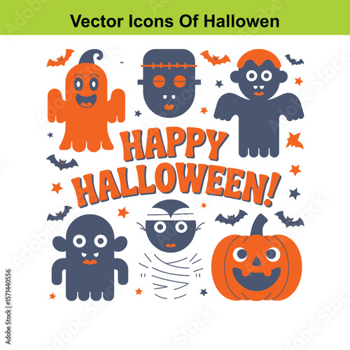 Vector  Cute halloween characters and pumpkins with happy halloween text