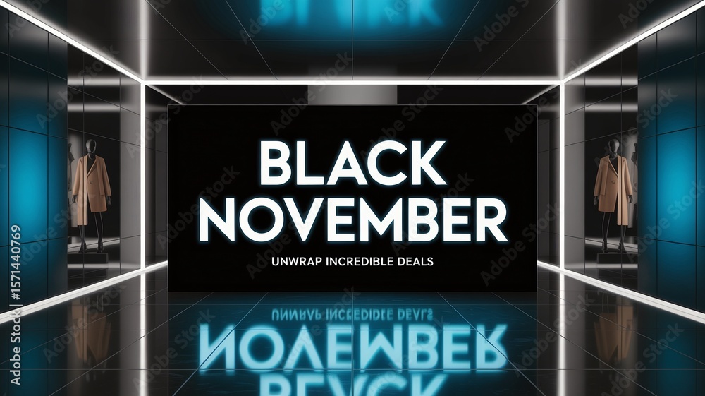 Naklejka premium Black November, Futuristic Black November Sale Display with Coats and Neon Lighting