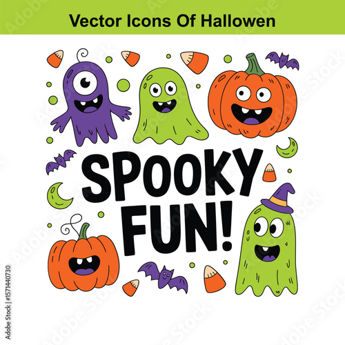 Vector  Cute halloween characters and symbols with spooky fun text illustration