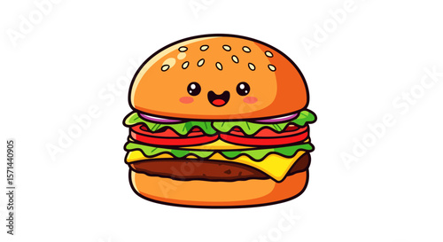 Cute Cartoon Burger Yummy Kawaii Hamburger Illustration