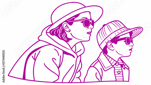 Stylish vector illustration of a mother and child wearing sunglasses for family-oriented designs and lifestyle branding copy space