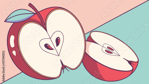 Illustration of two halved apples with seeds and stem on a split color background design element
