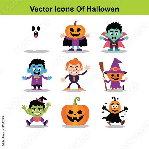 Collection of cute halloween vector  icons featuring ghosts pumpkins and monsters