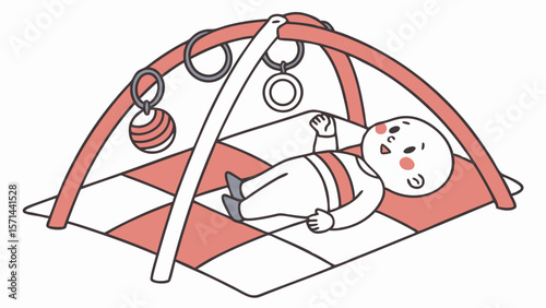 Vector illustration of a baby exercising on a play mat with a hanging toy arch for childcare and parenting resources copy space