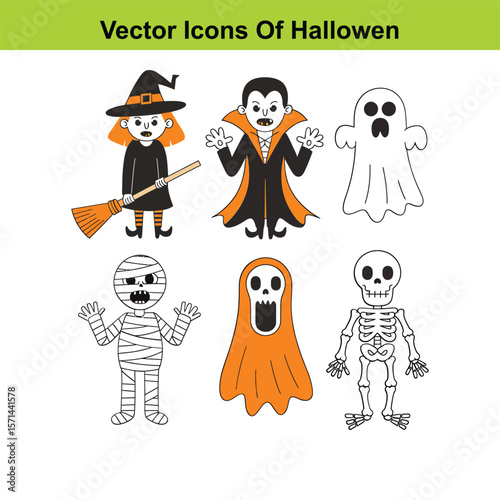 Collection of six classic halloween character vector icons including a witch vampire ghost mummy grim reaper and skeleton