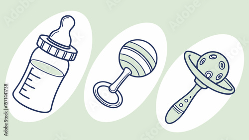 Vector illustration of baby items including a bottle, rattle, and pacifier for childcare and parenting resources copy space