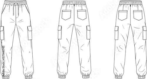 Technical flat sketch of a women's knee-length pencil skirt featuring angled front pockets, a back vent, and a fitted silhouette, suitable for formal or business attire.