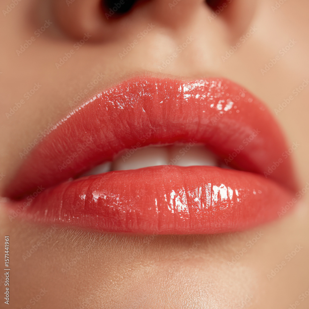 Glossy coral lips with sheer finish, showcasing vibrant and fresh look. close up highlights smooth texture and shine, evoking sense of beauty and allure Glossy coral lips with sheer finish, showcasing vibrant and fresh look. close up highlights smooth texture and shine, evoking sense of beauty and allure