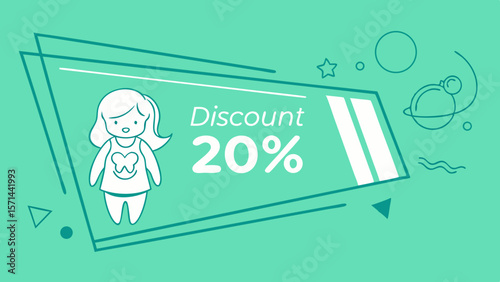 Promotional vector illustration for a 20% discount featuring a child character for marketing campaigns copy space