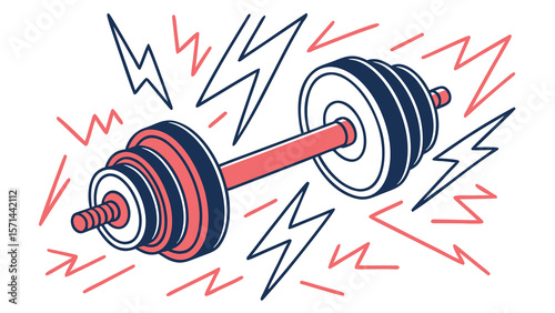 Illustration of a dumbbell with red and blue accents surrounded by lightning bolt shapes for emphasis