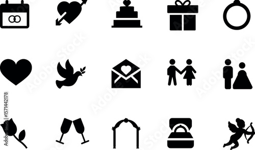 Wedding & Romance Silhouette Icon Bundle – Heart, Wedding Ring, Bride & Groom, Cupid, Champagne Glasses, Wedding Cake, Gift Box, Love Letter, Engagement Ring, Couple Holding Hands, Rose, Arrowed Heart
