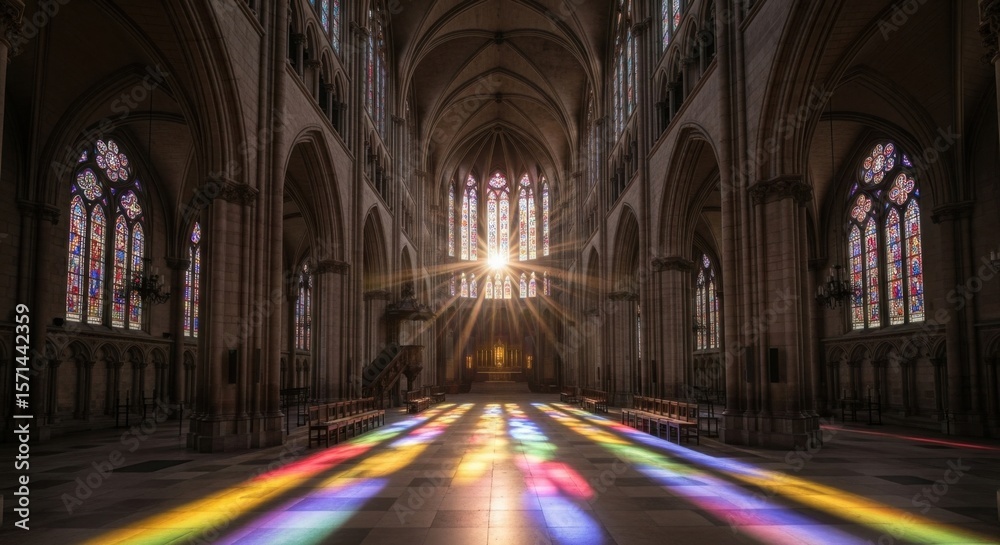 Fototapeta premium Sunlight Streams Through Stained Glass Windows Illuminating the Grand Cathedral Interior