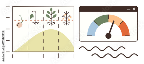 Growth charts display plant development stages alongside a performance dashboard with color-coded gauge. Ideal for agriculture, sustainability, research, productivity, data tracking, growth analysis