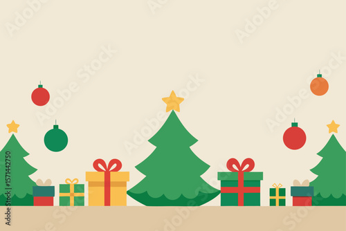Christmas Tree Border With Balls And Gift Boxes