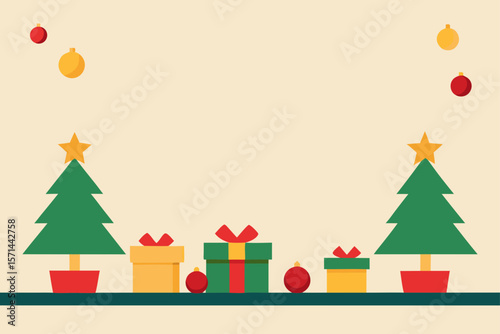 Christmas Tree Border With Balls And Gift Boxes