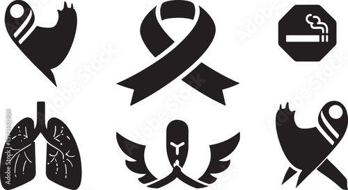 Collection of black medical and awareness symbols including lungs and ribbons