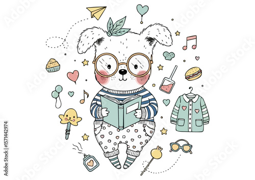 Cute dog reading a book surrounded by various playful items on a white background
