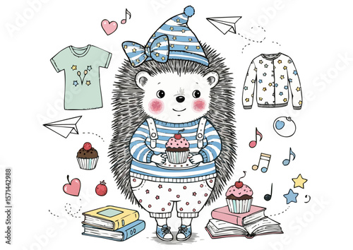 Adorable hedgehog holding a cupcake surrounded by various cute items on a white background