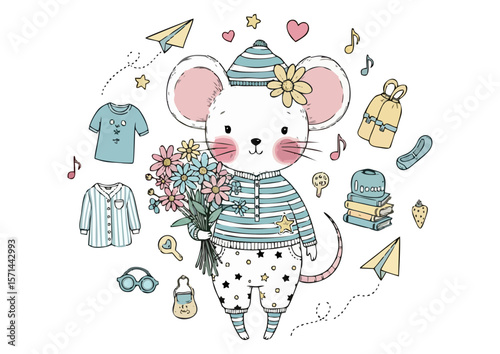 Adorable mouse holding a bouquet of flowers surrounded by various cute items on a white background