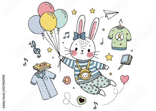 Cute bunny holding balloons surrounded by various playful items on a white background