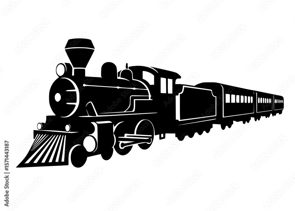 Obraz premium Silhouette of a classic steam train with passenger cars.