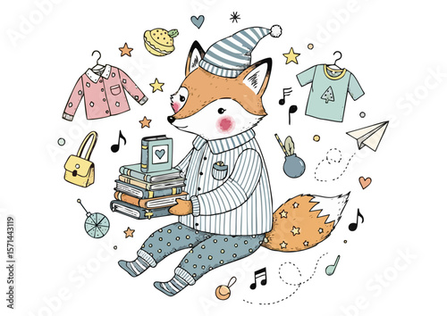Adorable fox holding books surrounded by various cute items 