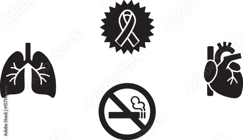 Icons representing lungs heart no smoking and a cancer awareness ribbon
