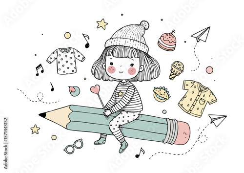 Cute girl sitting on a giant pencil surrounded by various playful items on a white background
