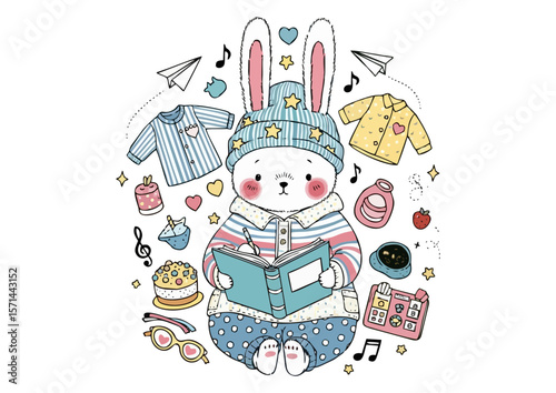 Adorable bunny reading a book surrounded by various cute items on a white background
