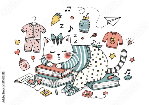 Adorable cat sleeping on a pile of books surrounded by various cute items on a white background
